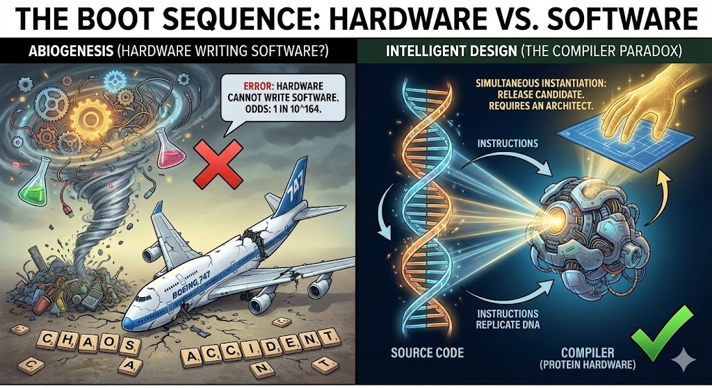 Conceptual visual: Close-up of digital code merging into biological patterns—strings of binary blending seamlessly into strands of DNA and circuit-like cell structures, underscoring the mystery of software and hardware emerging together